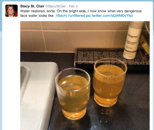 After Chicago Tribune reporter Stacy St. Clair was informed that her hotel had no water, she followed up with this tweet. Photo Credit: @StacyStClair Twitter account; https://twitter.com/StacyStClair/status/430550673977913344/photo/1