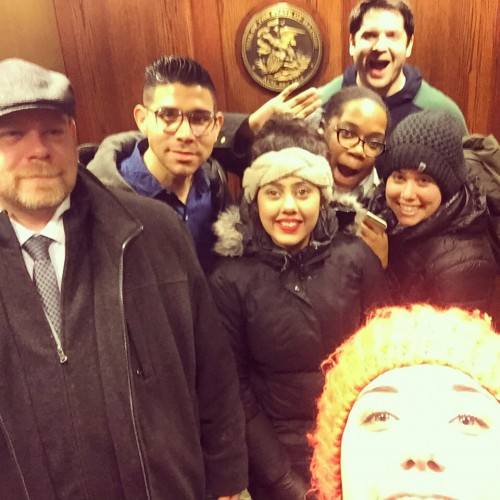 The Journalism MA Class of 2016 take a selfie in the elevator inside the Illinois State Capitol Building during their recent trip to Springfield, IL. 