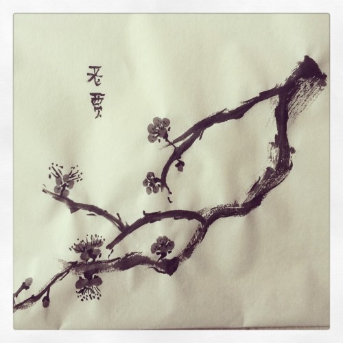Putting a branch-poem on rice paper!