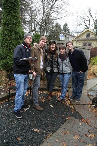 On the set of At Papa's - My director, Emily Railsback and two of her mentees - Omar Moujaes and Sean Hills along with myself and one of my two mentees, Diego Sardi.  Just missing the beautiful Lauren Nichols and it would have been a perfect picture!