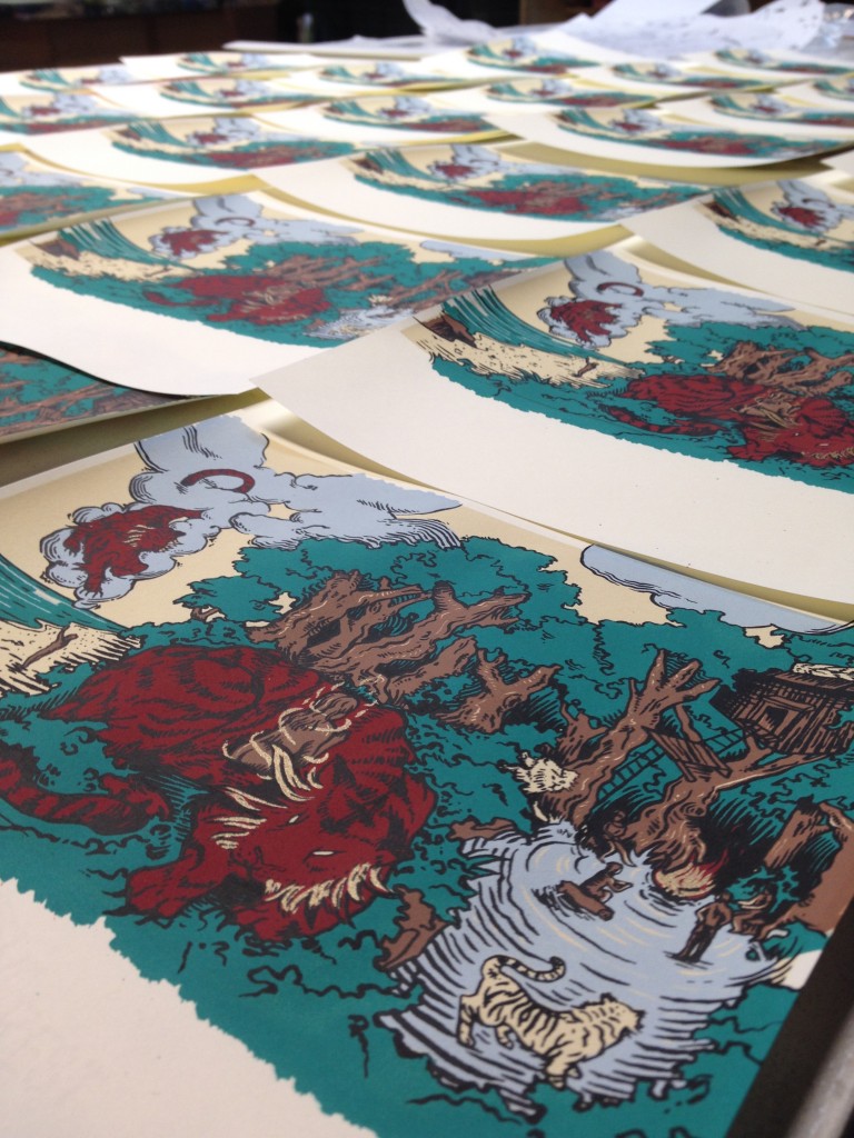 Finished screen-printed pages, all laid out on the table!