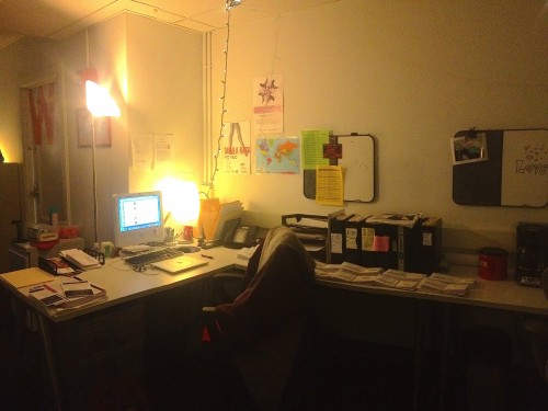My current desk/ work area @ OISA. A little dark but comfy at the same time.