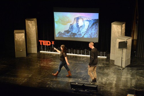 Me coaching speaker Timothy Goodman during the tech rehearsal on April 8th