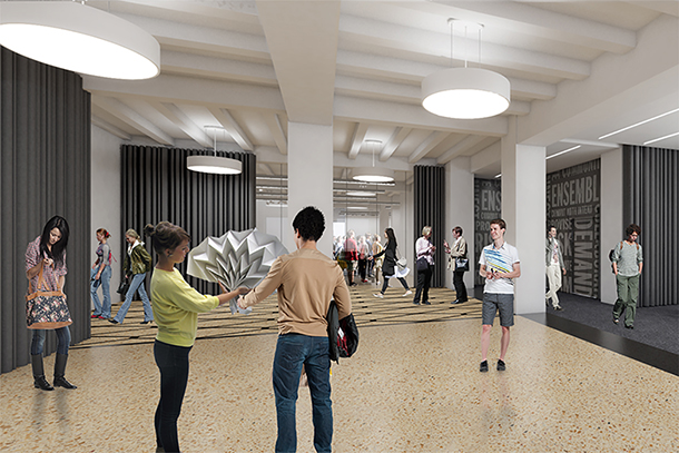 Architect's rendering depicting renovated Getz Theatre lobby at Columbia College Chicago. Courtesy Gensler.